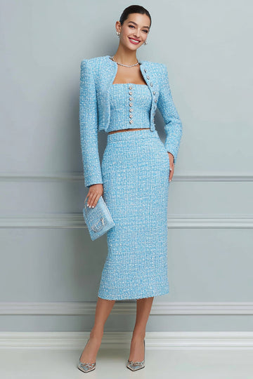 Light Blue Bodycon 3-Piece Long Sleeve Work Dress